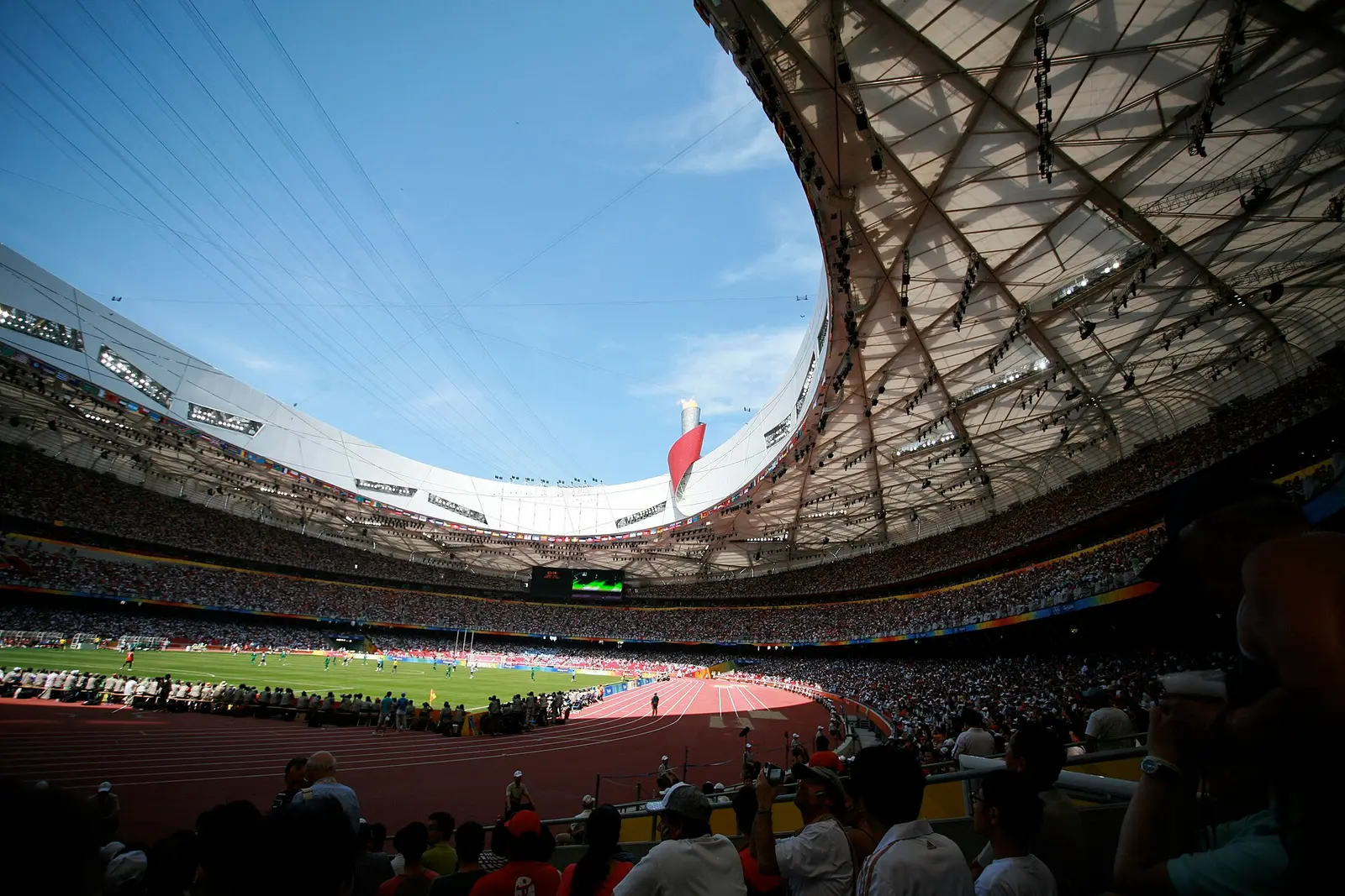 Interior of the Beijing National Stadium with its steel roof and running track